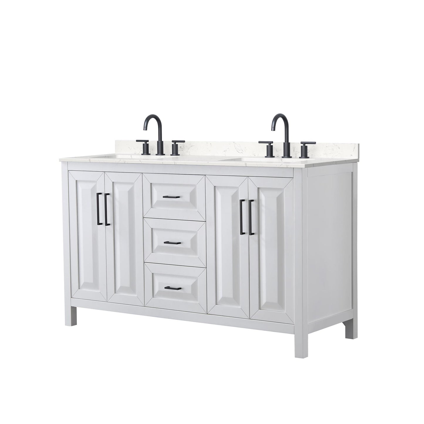 Wyndham Collection Daria 60" Double Bathroom Vanity in White, Carrara Cultured Marble Countertop, Undermount Square Sinks (3-Hole), Matte Black Trim