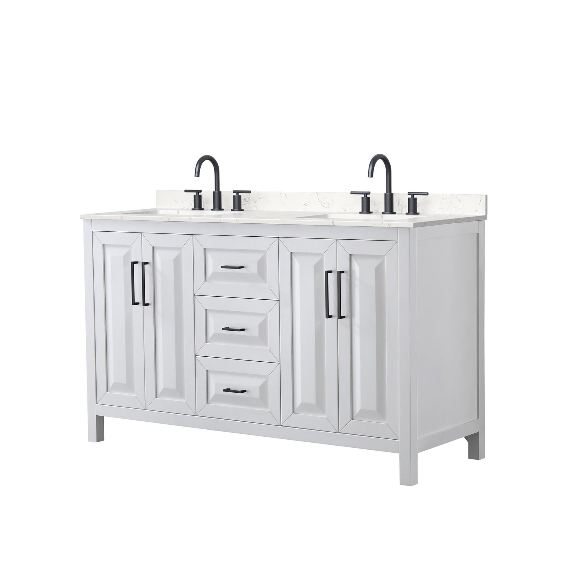 Wyndham Collection Daria 60" Double Bathroom Vanity in White, Carrara Cultured Marble Countertop, Undermount Square Sinks (3-Hole), Matte Black Trim