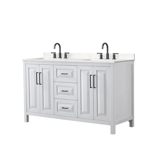 Wyndham Collection Daria 60" Double Bathroom Vanity in White, Carrara Cultured Marble Countertop, Undermount Square Sinks (3-Hole), Matte Black Trim