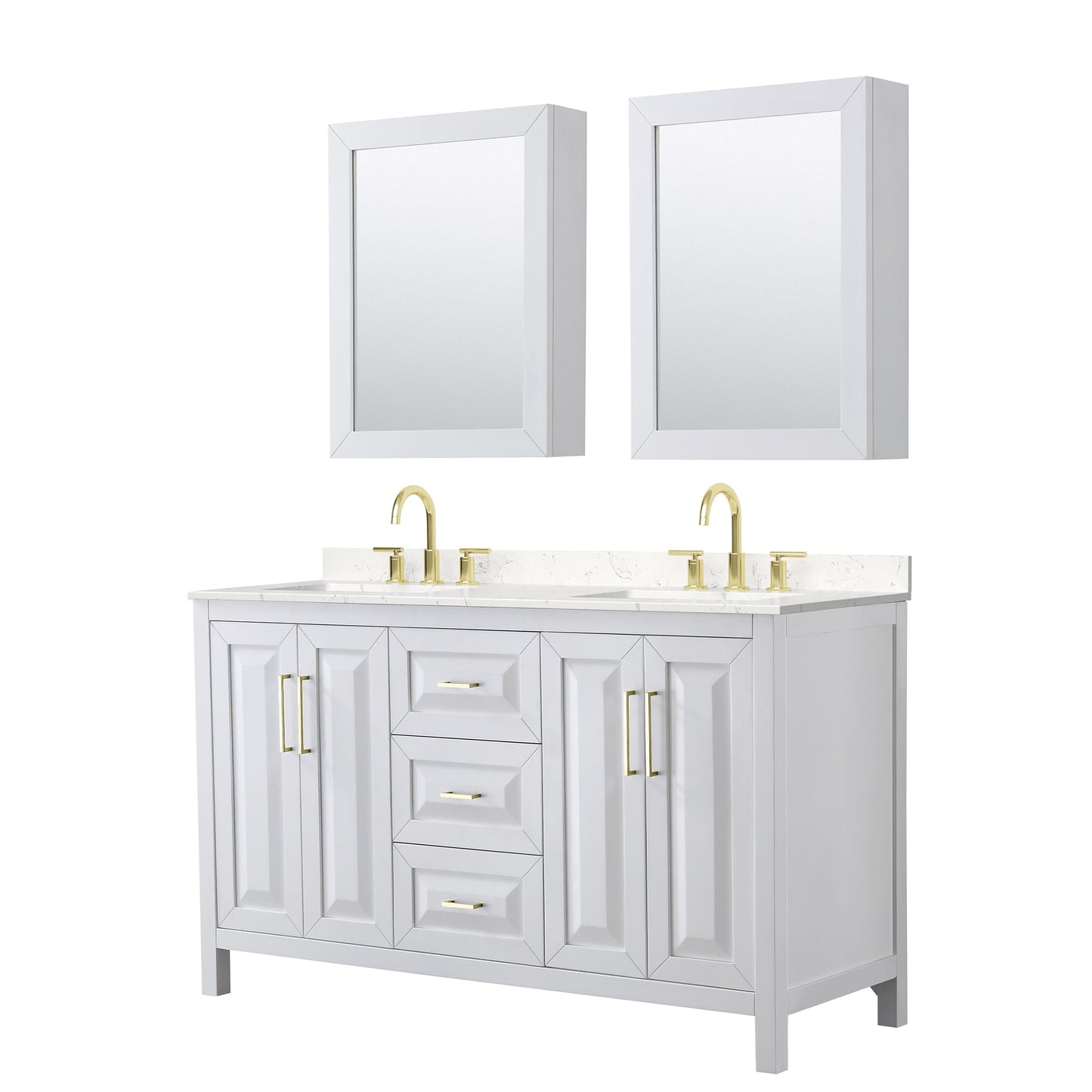 Wyndham Collection Daria 60" Double Bathroom Vanity in White, Carrara Cultured Marble Countertop, Undermount Square Sinks (3-Hole), Medicine Cabinets, Brushed Gold Trim