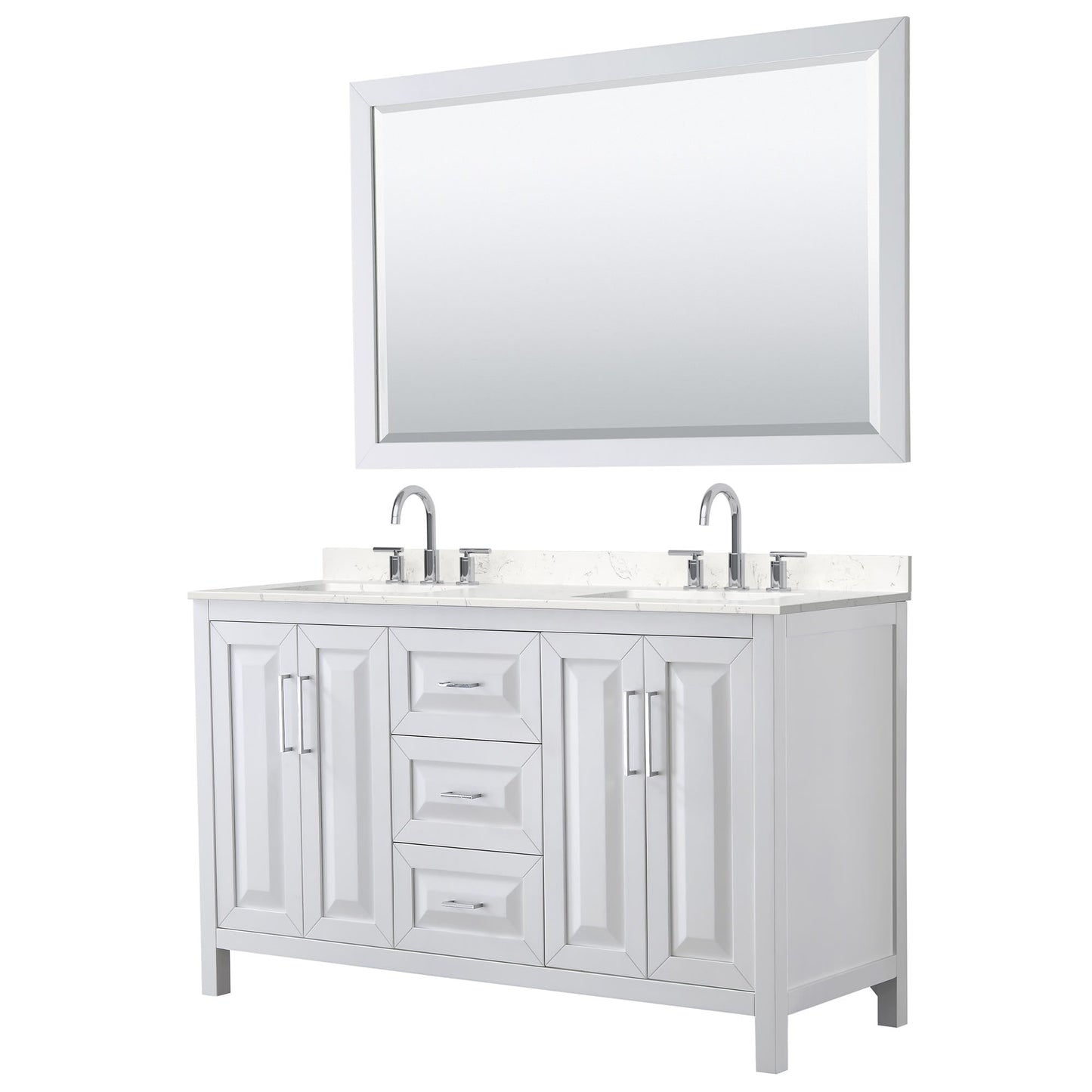 Wyndham Collection Daria 60" Double Bathroom Vanity in White, Carrara Cultured Marble Countertop, Undermount Square Sinks (3-Hole), Polished Chrome Trim, 58" Mirror