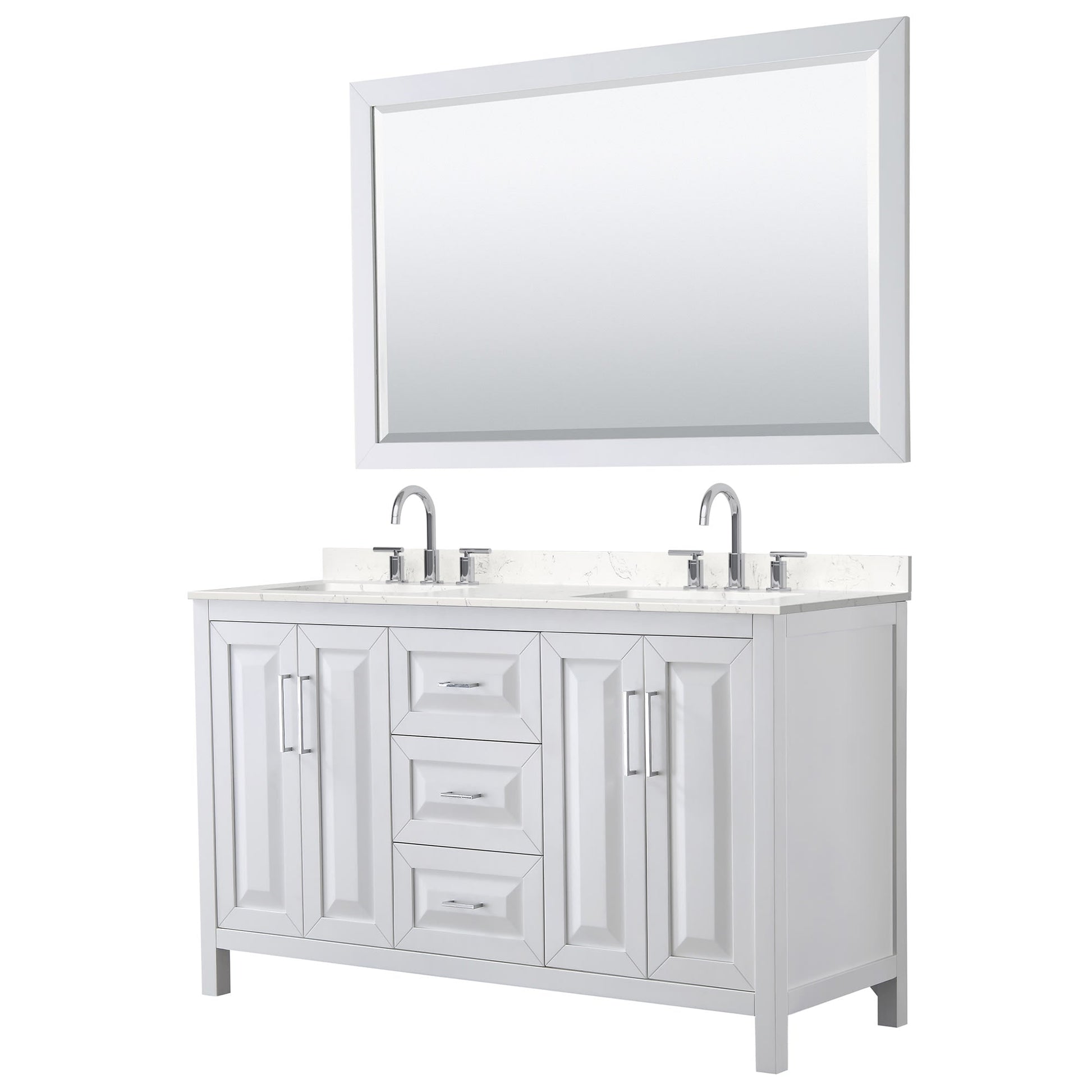 Wyndham Collection Daria 60" Double Bathroom Vanity in White, Carrara Cultured Marble Countertop, Undermount Square Sinks (3-Hole), Polished Chrome Trim, 58" Mirror