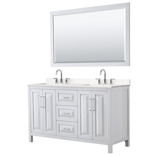 Wyndham Collection Daria 60" Double Bathroom Vanity in White, Carrara Cultured Marble Countertop, Undermount Square Sinks (3-Hole), Polished Chrome Trim, 58" Mirror