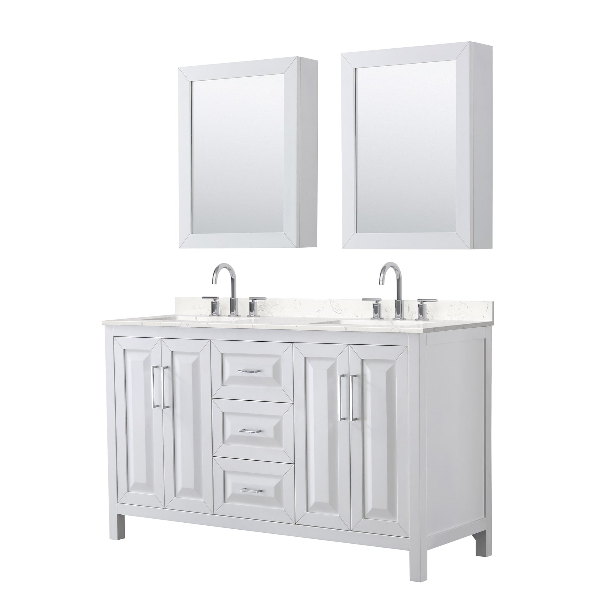 Wyndham Collection Daria 60" Double Bathroom Vanity in White, Carrara Cultured Marble Countertop, Undermount Square Sinks (3-Hole), Polished Chrome Trim, Medicine Cabinets