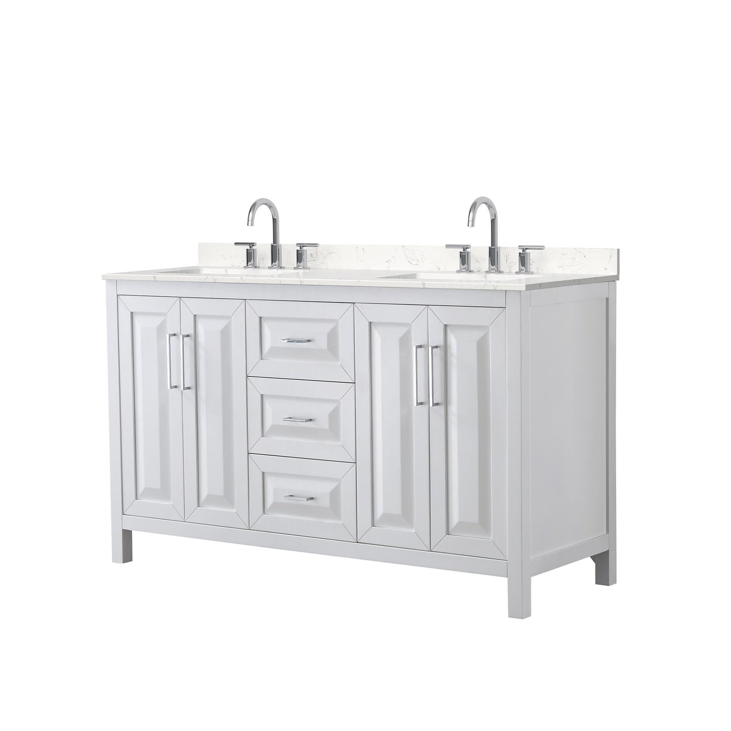 Wyndham Collection Daria 60" Double Bathroom Vanity in White, Carrara Cultured Marble Countertop, Undermount Square Sinks (3-Hole), Polished Chrome Trim