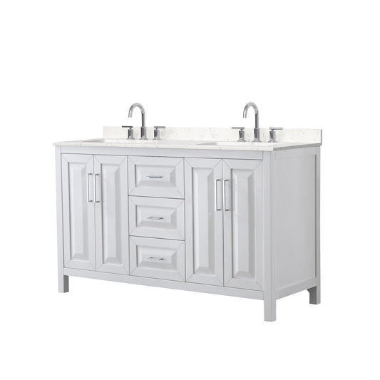Wyndham Collection Daria 60" Double Bathroom Vanity in White, Carrara Cultured Marble Countertop, Undermount Square Sinks (3-Hole), Polished Chrome Trim