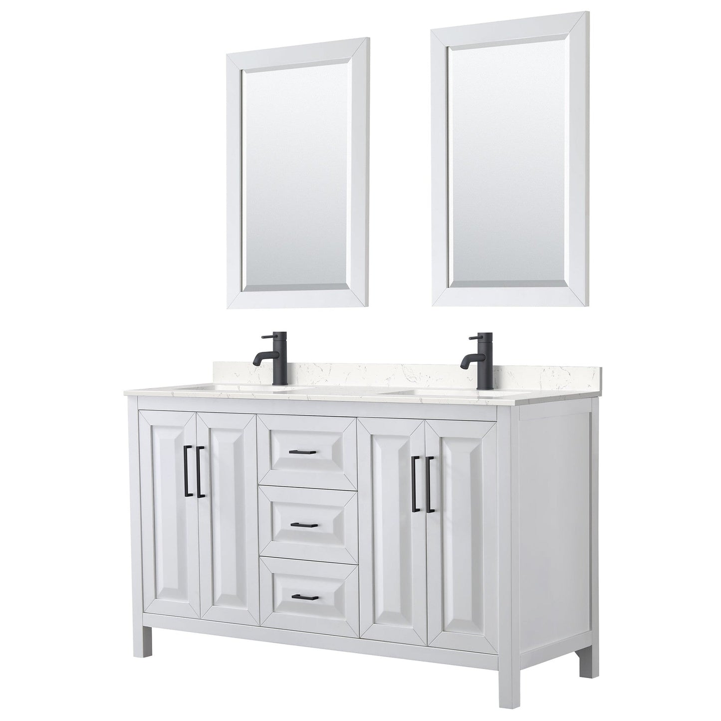 Wyndham Collection Daria 60" Double Bathroom Vanity in White, Carrara Cultured Marble Countertop, Undermount Square Sinks, Matte Black Trim, 24" Mirrors