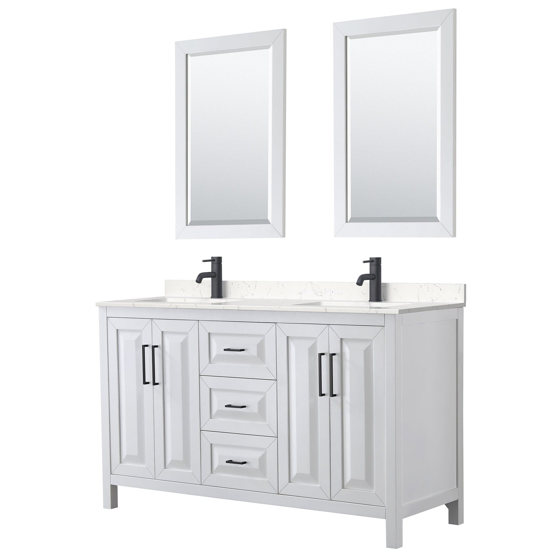 Wyndham Collection Daria 60" Double Bathroom Vanity in White, Carrara Cultured Marble Countertop, Undermount Square Sinks, Matte Black Trim, 24" Mirrors