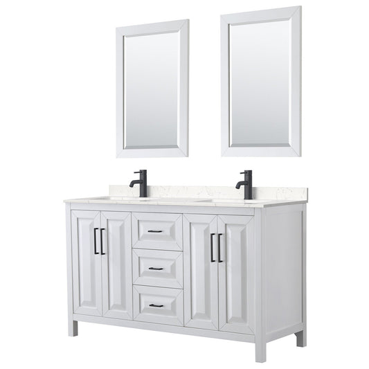 Wyndham Collection Daria 60" Double Bathroom Vanity in White, Carrara Cultured Marble Countertop, Undermount Square Sinks, Matte Black Trim, 24" Mirrors