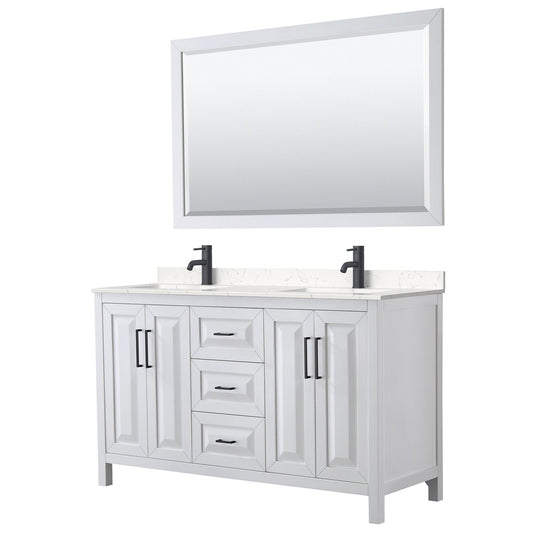Wyndham Collection Daria 60" Double Bathroom Vanity in White, Carrara Cultured Marble Countertop, Undermount Square Sinks, Matte Black Trim, 58" Mirror
