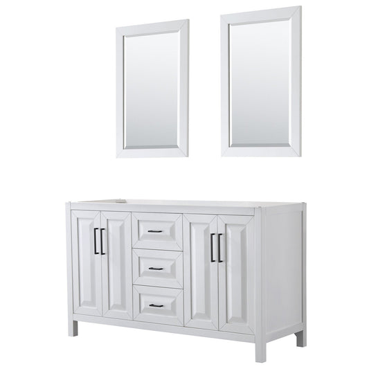Wyndham Collection Daria 60" Double Bathroom Vanity in White, No Countertop, No Sink, Matte Black Trim, 24" Mirrors