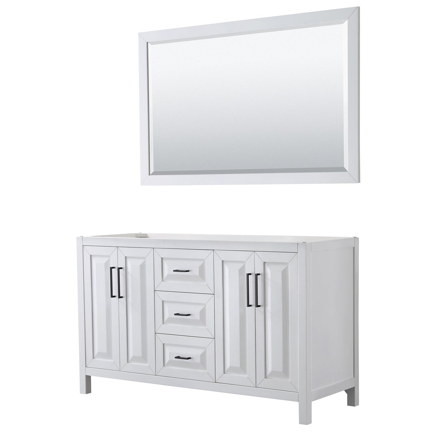 Wyndham Collection Daria 60" Double Bathroom Vanity in White, No Countertop, No Sink, Matte Black Trim, 58" Mirror