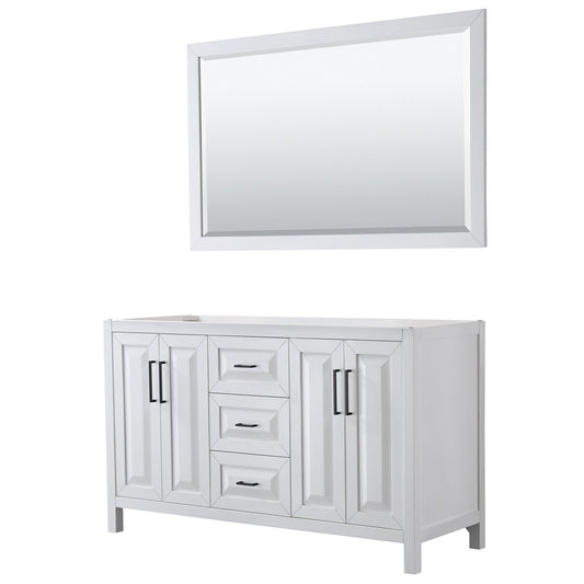 Wyndham Collection Daria 60" Double Bathroom Vanity in White, No Countertop, No Sink, Matte Black Trim, 58" Mirror