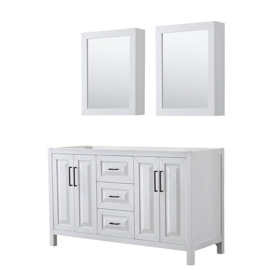 Wyndham Collection Daria 60" Double Bathroom Vanity in White, No Countertop, No Sink, Matte Black Trim, Medicine Cabinets