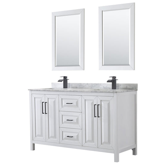 Wyndham Collection Daria 60" Double Bathroom Vanity in White, White Carrara Marble Countertop, Undermount Square Sinks, Matte Black Trim, 24" Mirrors