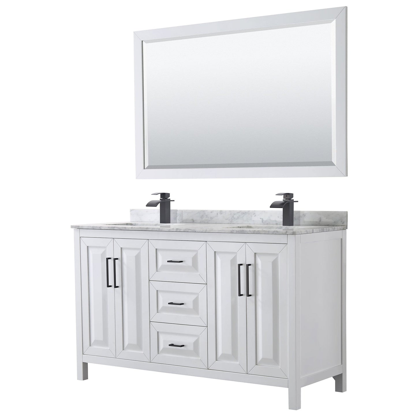 Wyndham Collection Daria 60" Double Bathroom Vanity in White, White Carrara Marble Countertop, Undermount Square Sinks, Matte Black Trim, 58" Mirror