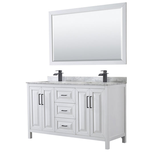 Wyndham Collection Daria 60" Double Bathroom Vanity in White, White Carrara Marble Countertop, Undermount Square Sinks, Matte Black Trim, 58" Mirror