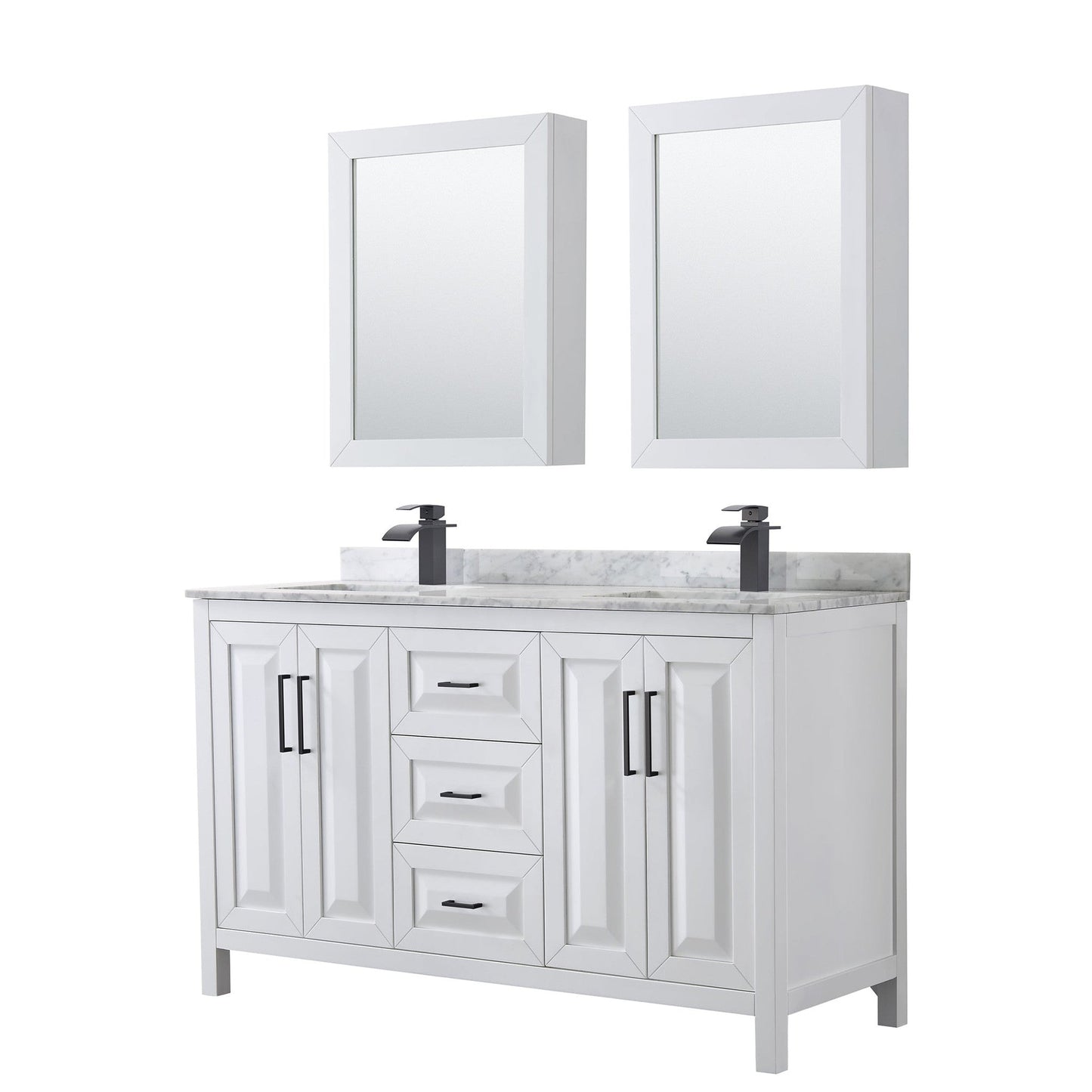 Wyndham Collection Daria 60" Double Bathroom Vanity in White, White Carrara Marble Countertop, Undermount Square Sinks, Matte Black Trim, Medicine Cabinets