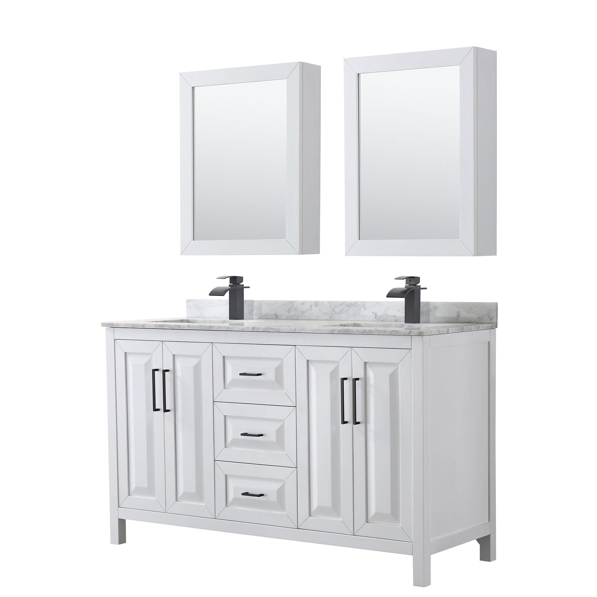 Wyndham Collection Daria 60" Double Bathroom Vanity in White, White Carrara Marble Countertop, Undermount Square Sinks, Matte Black Trim, Medicine Cabinets