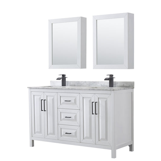 Wyndham Collection Daria 60" Double Bathroom Vanity in White, White Carrara Marble Countertop, Undermount Square Sinks, Matte Black Trim, Medicine Cabinets