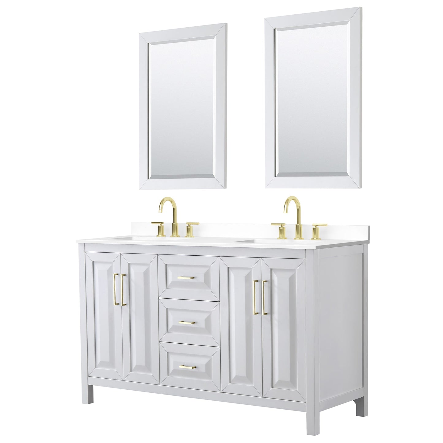 Wyndham Collection Daria 60" Double Bathroom Vanity in White, White Cultured Marble Countertop, Undermount Square Sinks (3-Hole), 24" Mirrors, Brushed Gold Trim