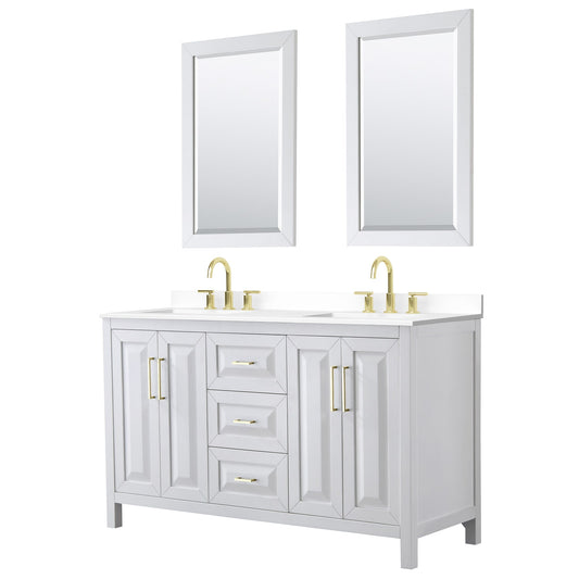 Wyndham Collection Daria 60" Double Bathroom Vanity in White, White Cultured Marble Countertop, Undermount Square Sinks (3-Hole), 24" Mirrors, Brushed Gold Trim