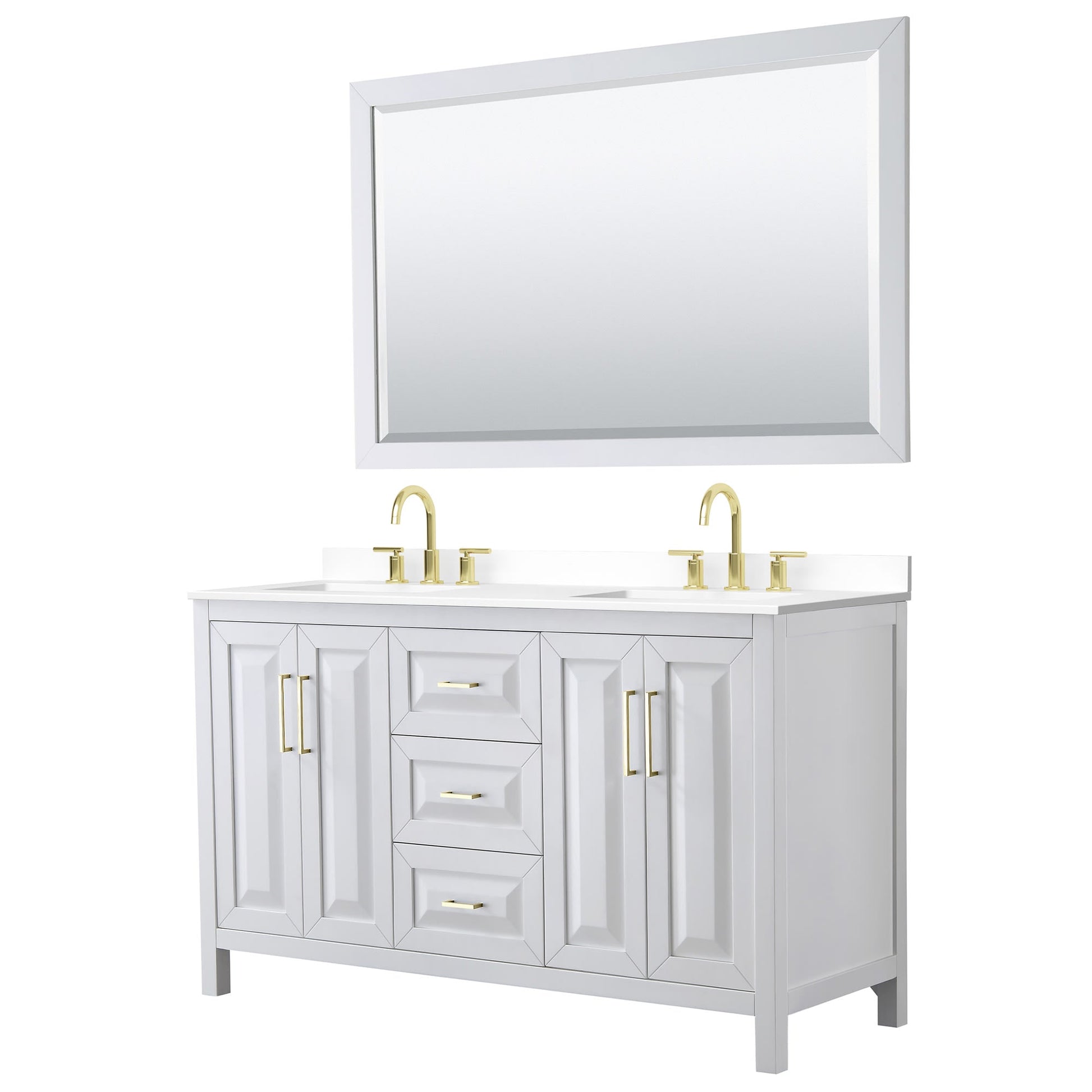 Wyndham Collection Daria 60" Double Bathroom Vanity in White, White Cultured Marble Countertop, Undermount Square Sinks (3-Hole), 58" Mirror, Brushed Gold Trim