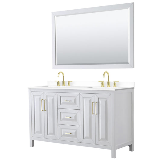 Wyndham Collection Daria 60" Double Bathroom Vanity in White, White Cultured Marble Countertop, Undermount Square Sinks (3-Hole), 58" Mirror, Brushed Gold Trim
