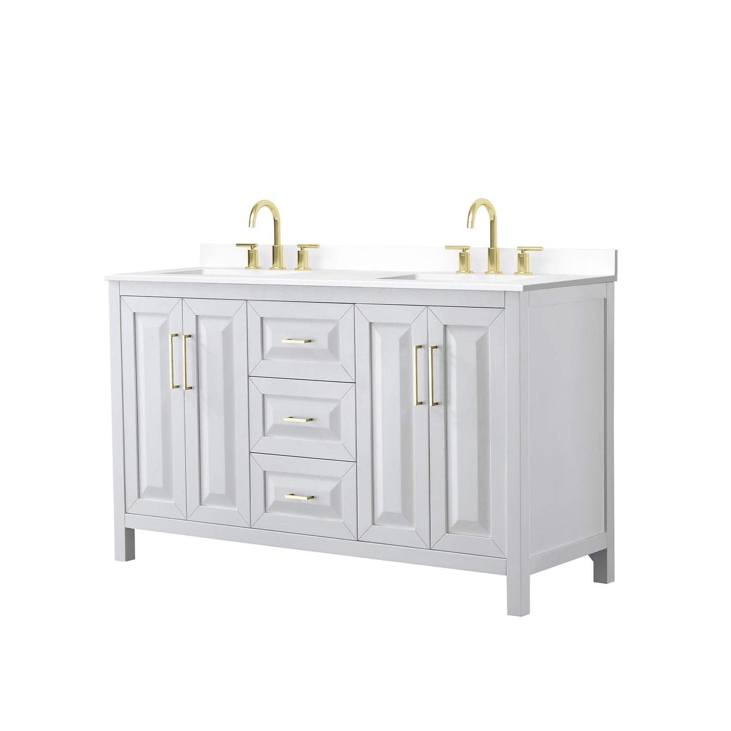 Wyndham Collection Daria 60" Double Bathroom Vanity in White, White Cultured Marble Countertop, Undermount Square Sinks (3-Hole), Brushed Gold Trim