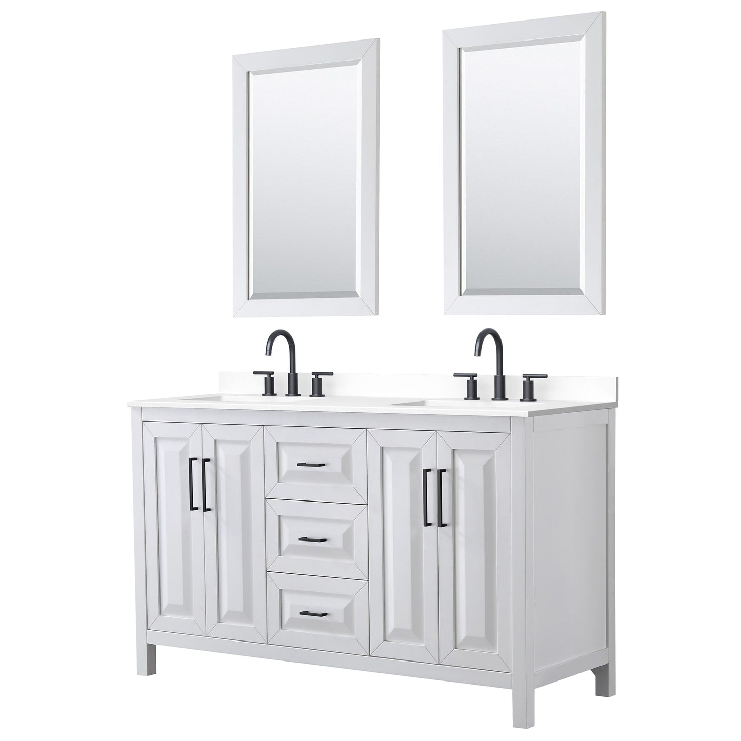 Wyndham Collection Daria 60" Double Bathroom Vanity in White, White Cultured Marble Countertop, Undermount Square Sinks (3-Hole), Matte Black Trim, 24" Mirrors