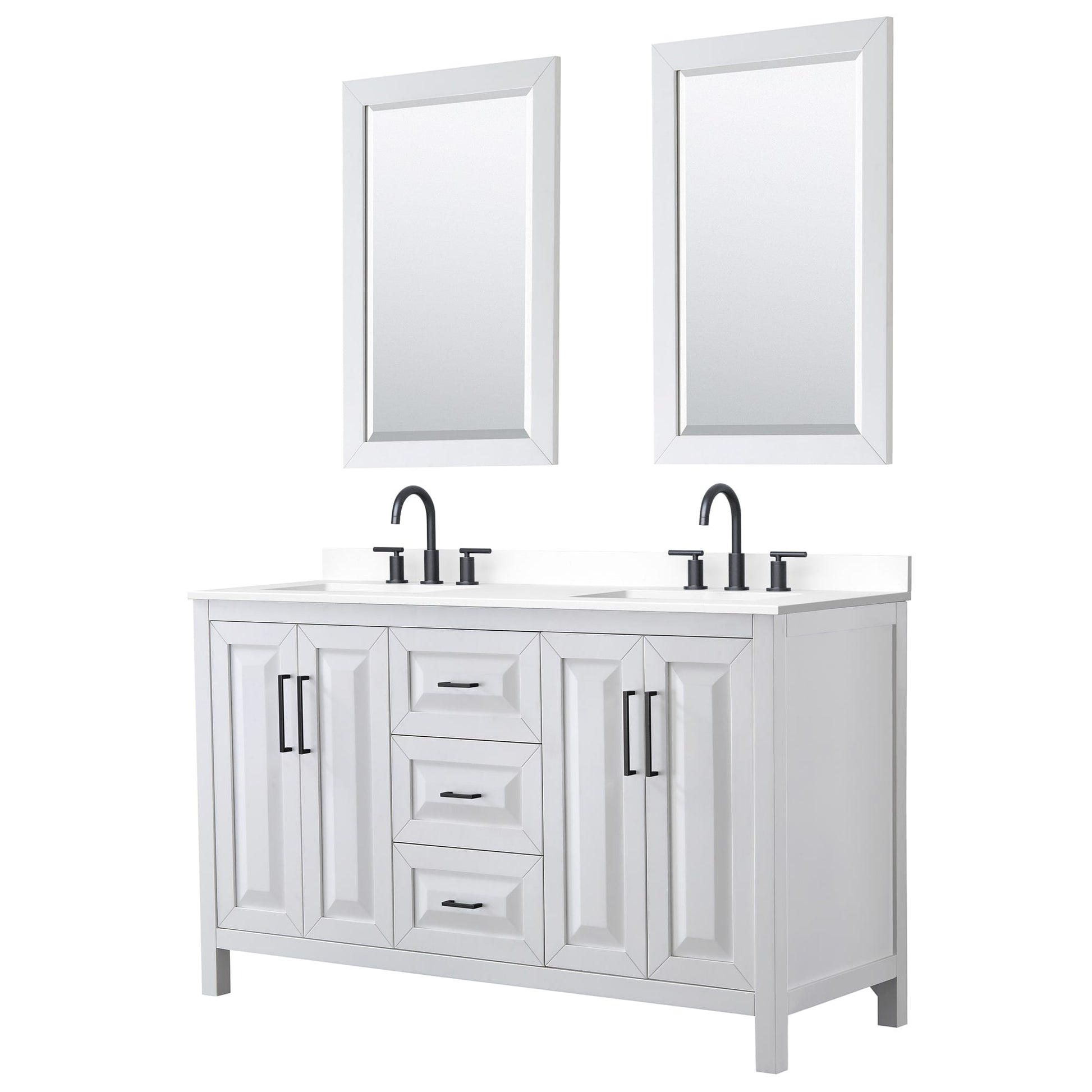 Wyndham Collection Daria 60" Double Bathroom Vanity in White, White Cultured Marble Countertop, Undermount Square Sinks (3-Hole), Matte Black Trim, 24" Mirrors