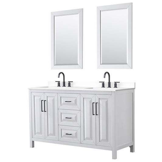 Wyndham Collection Daria 60" Double Bathroom Vanity in White, White Cultured Marble Countertop, Undermount Square Sinks (3-Hole), Matte Black Trim, 24" Mirrors