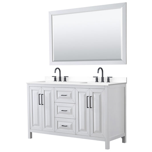 Wyndham Collection Daria 60" Double Bathroom Vanity in White, White Cultured Marble Countertop, Undermount Square Sinks (3-Hole), Matte Black Trim, 58" Mirror