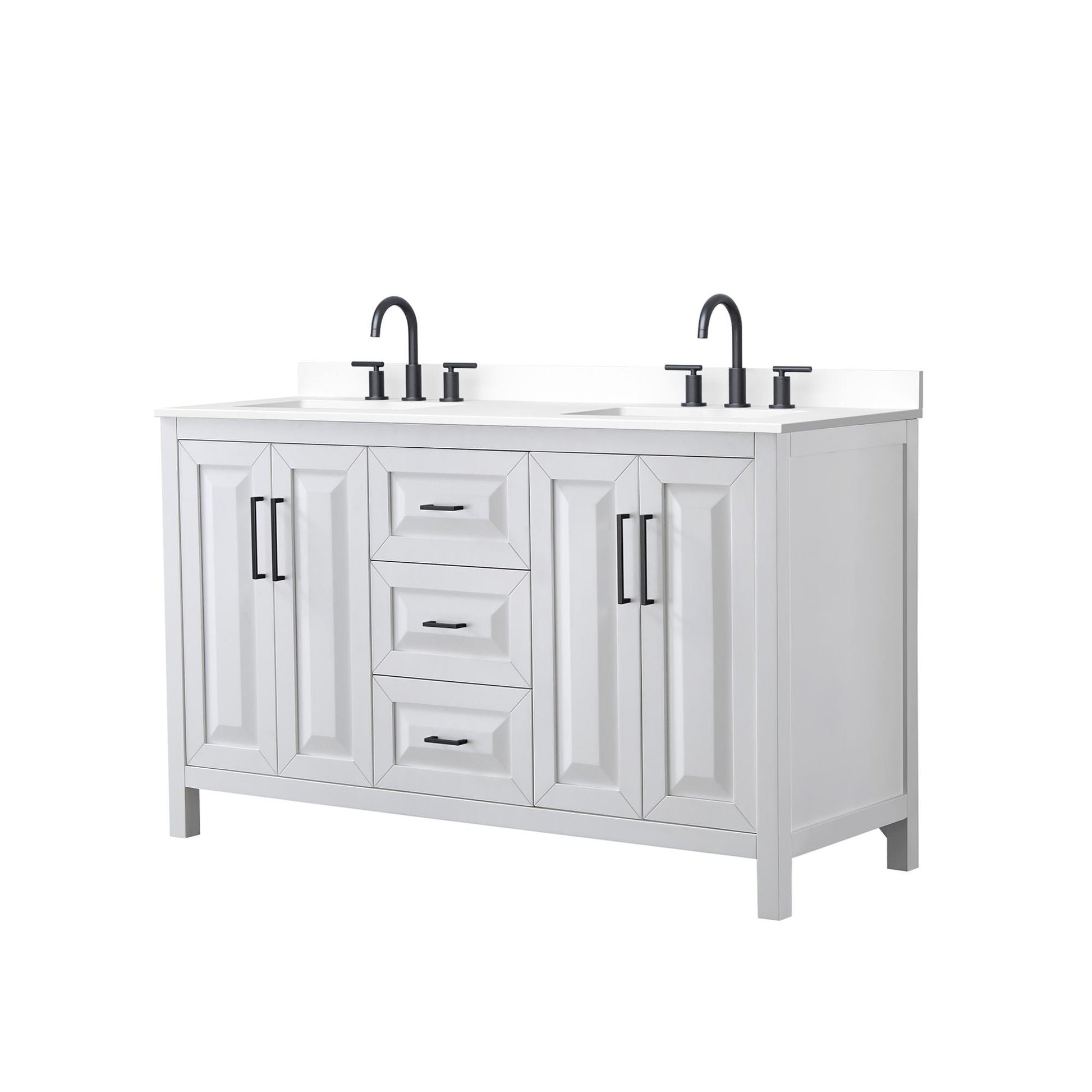 Wyndham Collection Daria 60" Double Bathroom Vanity in White, White Cultured Marble Countertop, Undermount Square Sinks (3-Hole), Matte Black Trim