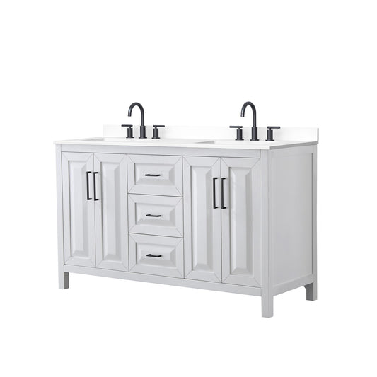 Wyndham Collection Daria 60" Double Bathroom Vanity in White, White Cultured Marble Countertop, Undermount Square Sinks (3-Hole), Matte Black Trim