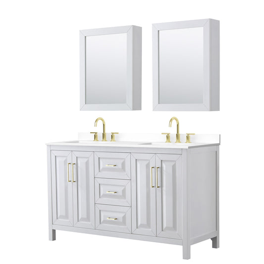 Wyndham Collection Daria 60" Double Bathroom Vanity in White, White Cultured Marble Countertop, Undermount Square Sinks (3-Hole), Medicine Cabinets, Brushed Gold Trim