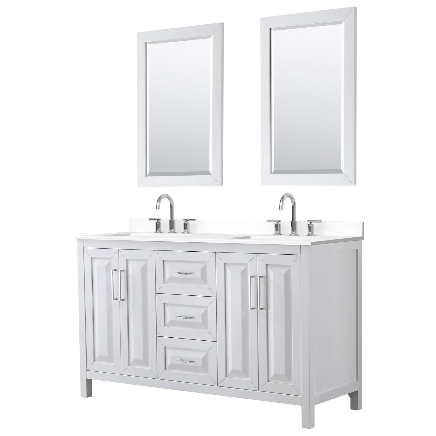 Wyndham Collection Daria 60" Double Bathroom Vanity in White, White Cultured Marble Countertop, Undermount Square Sinks (3-Hole), Polished Chrome Trim, 24" Mirrors