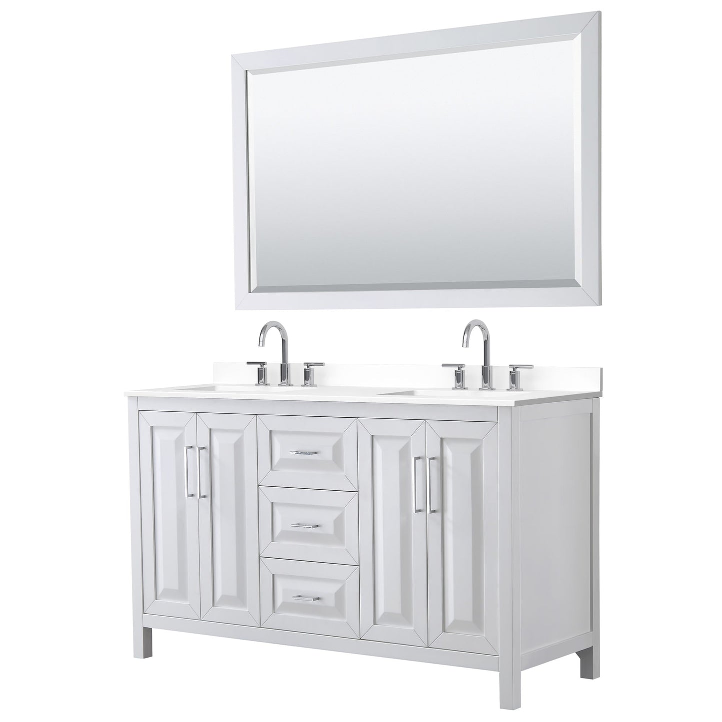 Wyndham Collection Daria 60" Double Bathroom Vanity in White, White Cultured Marble Countertop, Undermount Square Sinks (3-Hole), Polished Chrome Trim, 58" Mirror