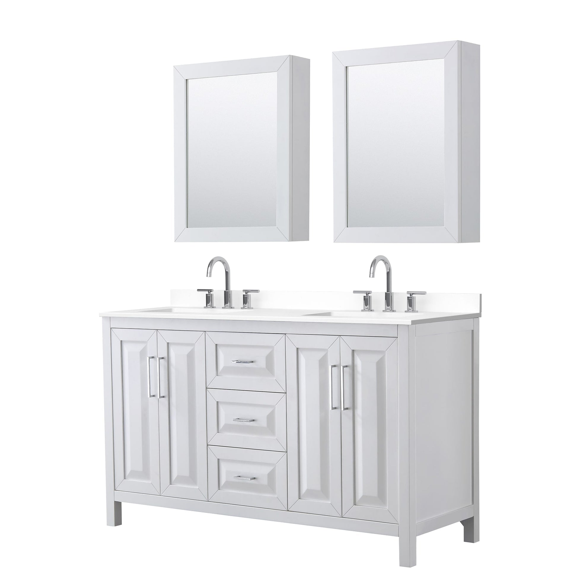 Wyndham Collection Daria 60" Double Bathroom Vanity in White, White Cultured Marble Countertop, Undermount Square Sinks (3-Hole), Polished Chrome Trim, Medicine Cabinets