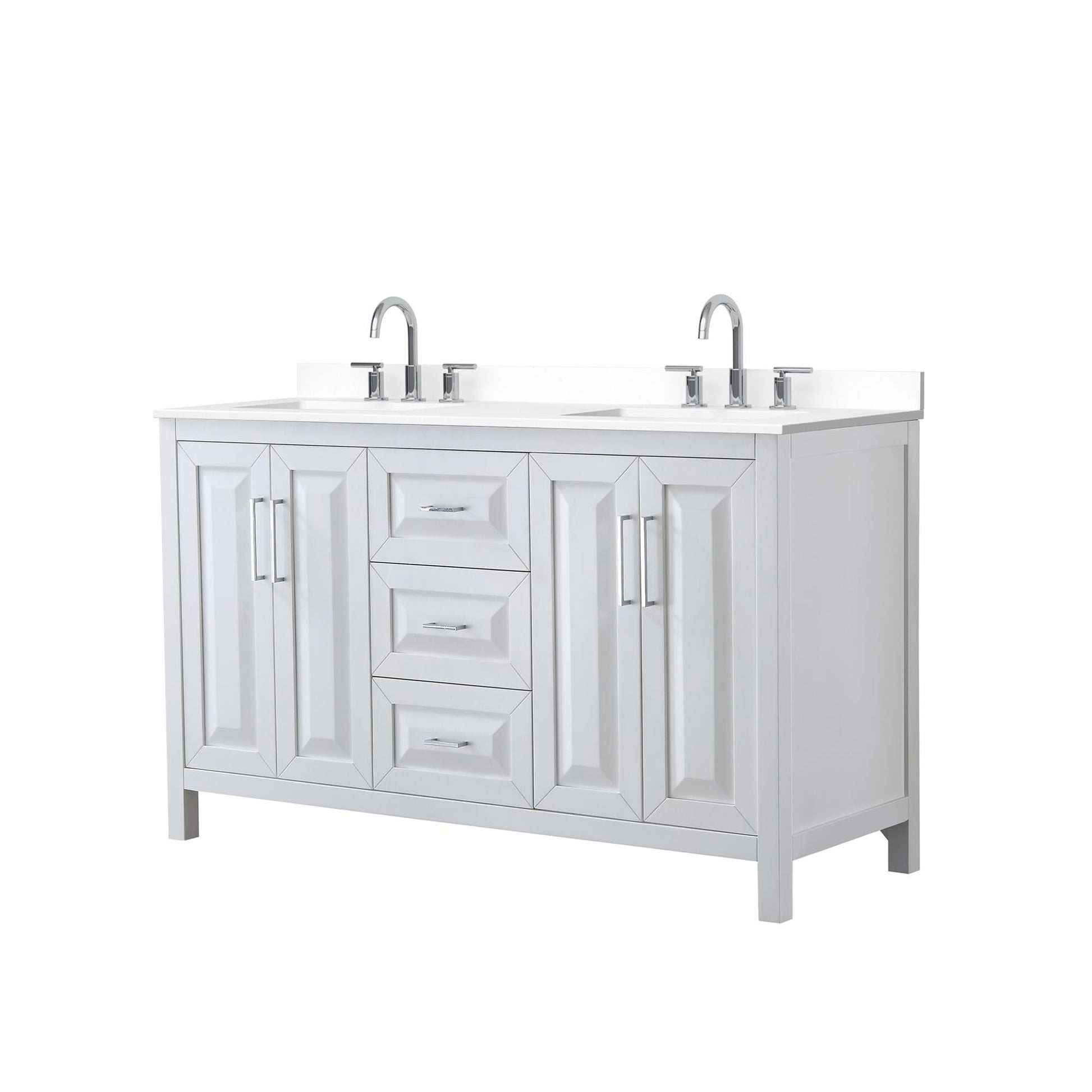 Wyndham Collection Daria 60" Double Bathroom Vanity in White, White Cultured Marble Countertop, Undermount Square Sinks (3-Hole), Polished Chrome Trim