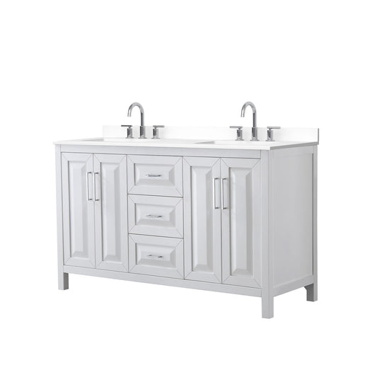 Wyndham Collection Daria 60" Double Bathroom Vanity in White, White Cultured Marble Countertop, Undermount Square Sinks (3-Hole), Polished Chrome Trim