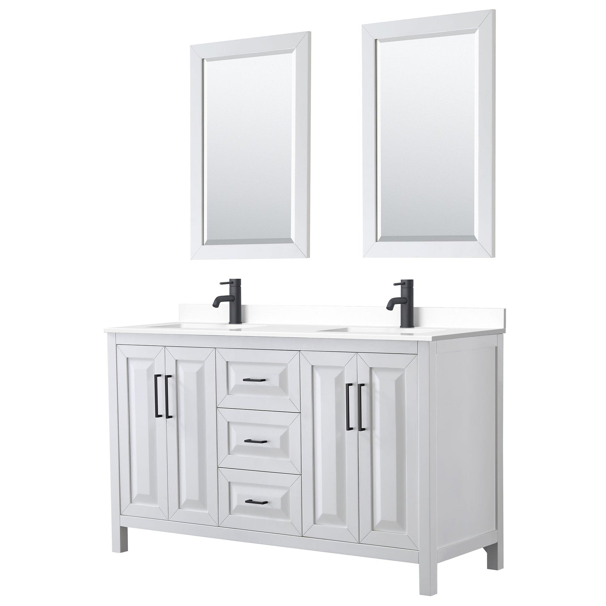 Wyndham Collection Daria 60" Double Bathroom Vanity in White, White Cultured Marble Countertop, Undermount Square Sinks, Matte Black Trim, 24" Mirrors