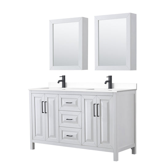 Wyndham Collection Daria 60" Double Bathroom Vanity in White, White Cultured Marble Countertop, Undermount Square Sinks, Matte Black Trim, Medicine Cabinets
