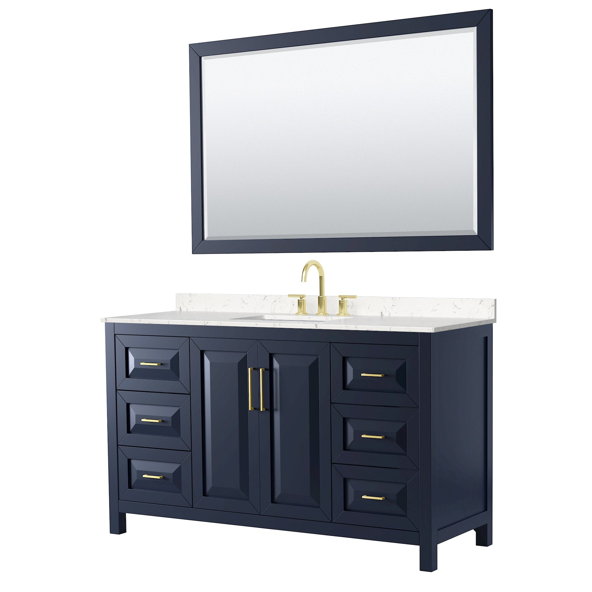 Wyndham Collection Daria 60" Single Bathroom Vanity in Dark Blue, Carrara Cultured Marble Countertop, Undermount Square Sink (3-Hole), Brushed Gold Trim, 58" Mirror