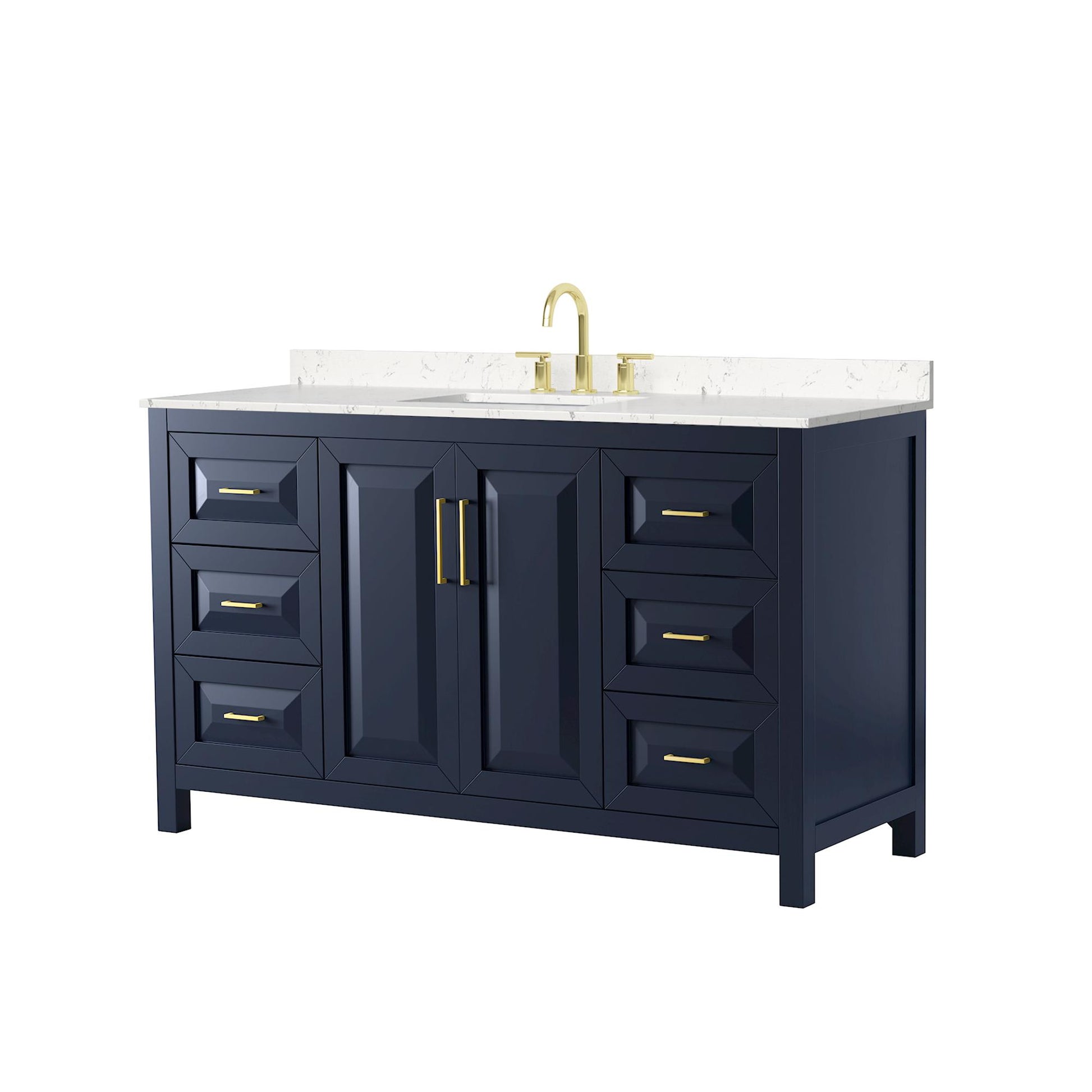 Wyndham Collection Daria 60" Single Bathroom Vanity in Dark Blue, Carrara Cultured Marble Countertop, Undermount Square Sink (3-Hole), Brushed Gold Trim