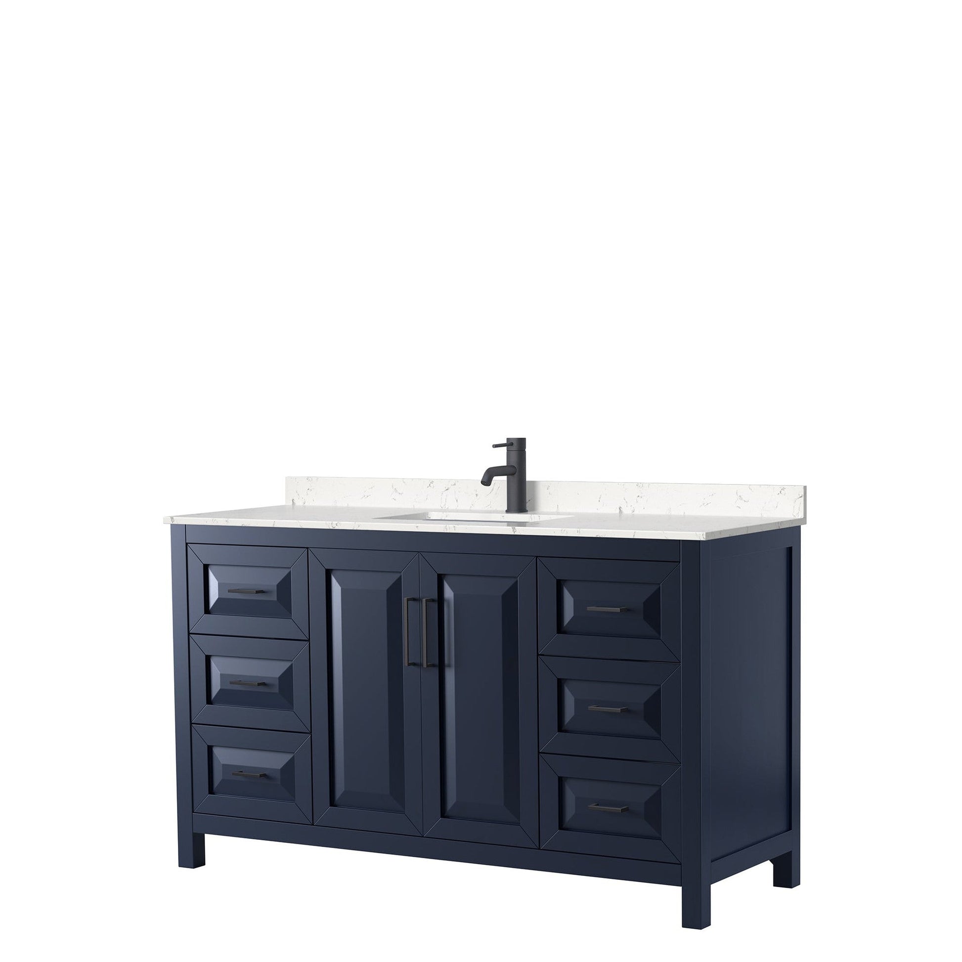 Wyndham Collection Daria 60" Single Bathroom Vanity in Dark Blue, Carrara Cultured Marble Countertop, Undermount Square Sink, Matte Black Trim