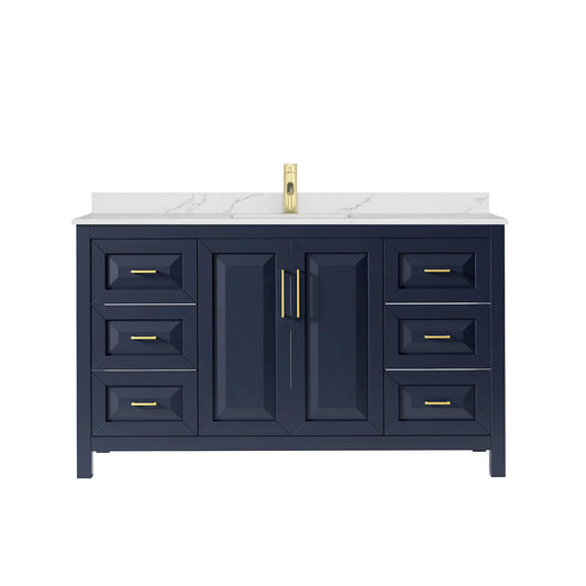 Wyndham Collection Daria 60" Single Bathroom Vanity in Dark Blue, Giotto Quartz Countertop, Undermount Square Sink (1-Hole), Brushed Gold Trim