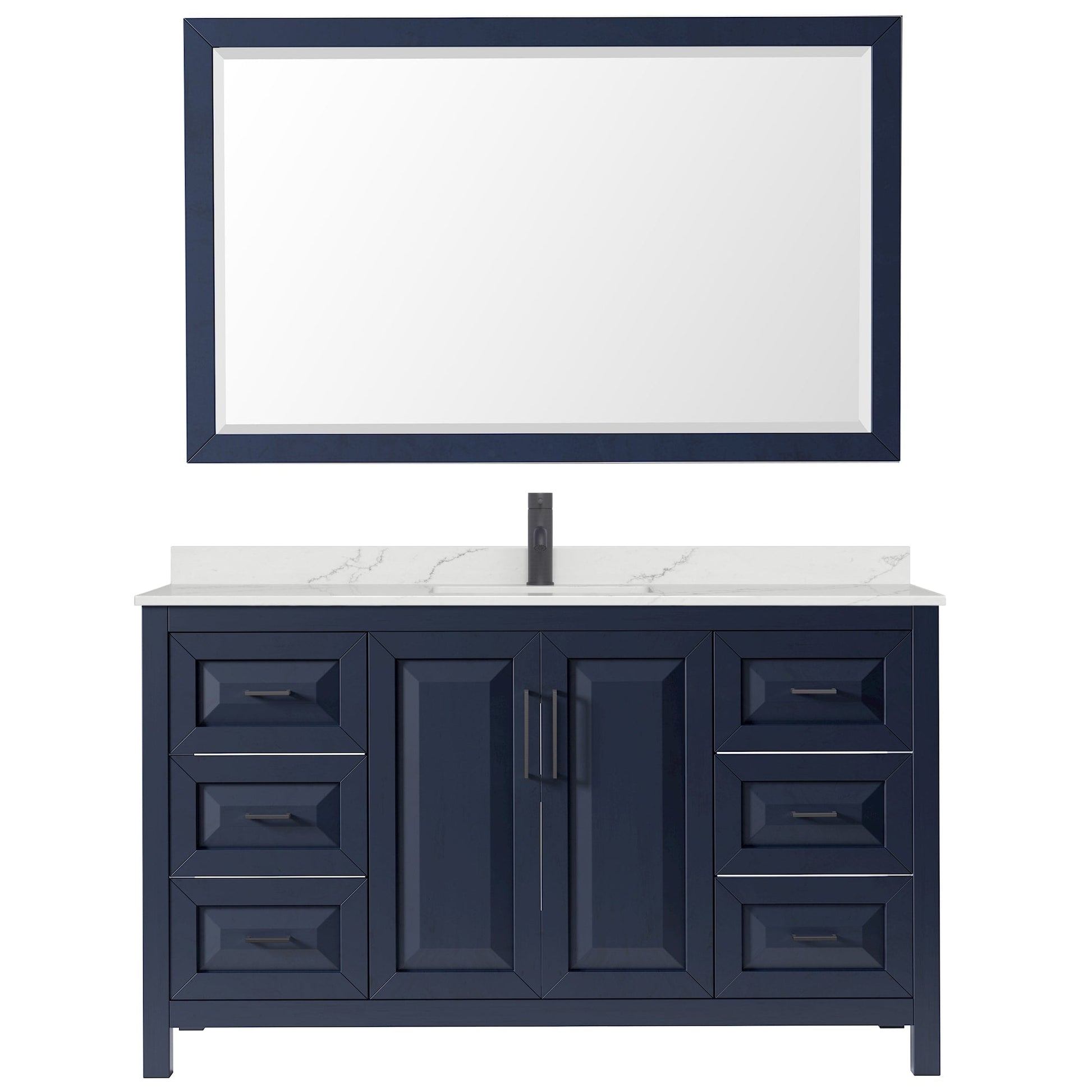 Wyndham Collection Daria 60" Single Bathroom Vanity in Dark Blue, Giotto Quartz Countertop, Undermount Square Sink (1-Hole), Matte Black Trim, 58" Mirror