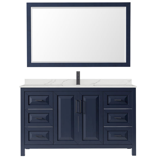 Wyndham Collection Daria 60" Single Bathroom Vanity in Dark Blue, Giotto Quartz Countertop, Undermount Square Sink (1-Hole), Matte Black Trim, 58" Mirror