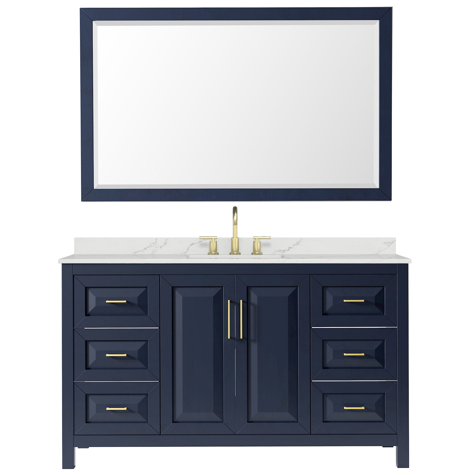 Wyndham Collection Daria 60" Single Bathroom Vanity in Dark Blue, Giotto Quartz Countertop, Undermount Square Sink (3-Hole), Brushed Gold Trim, 58" Mirror